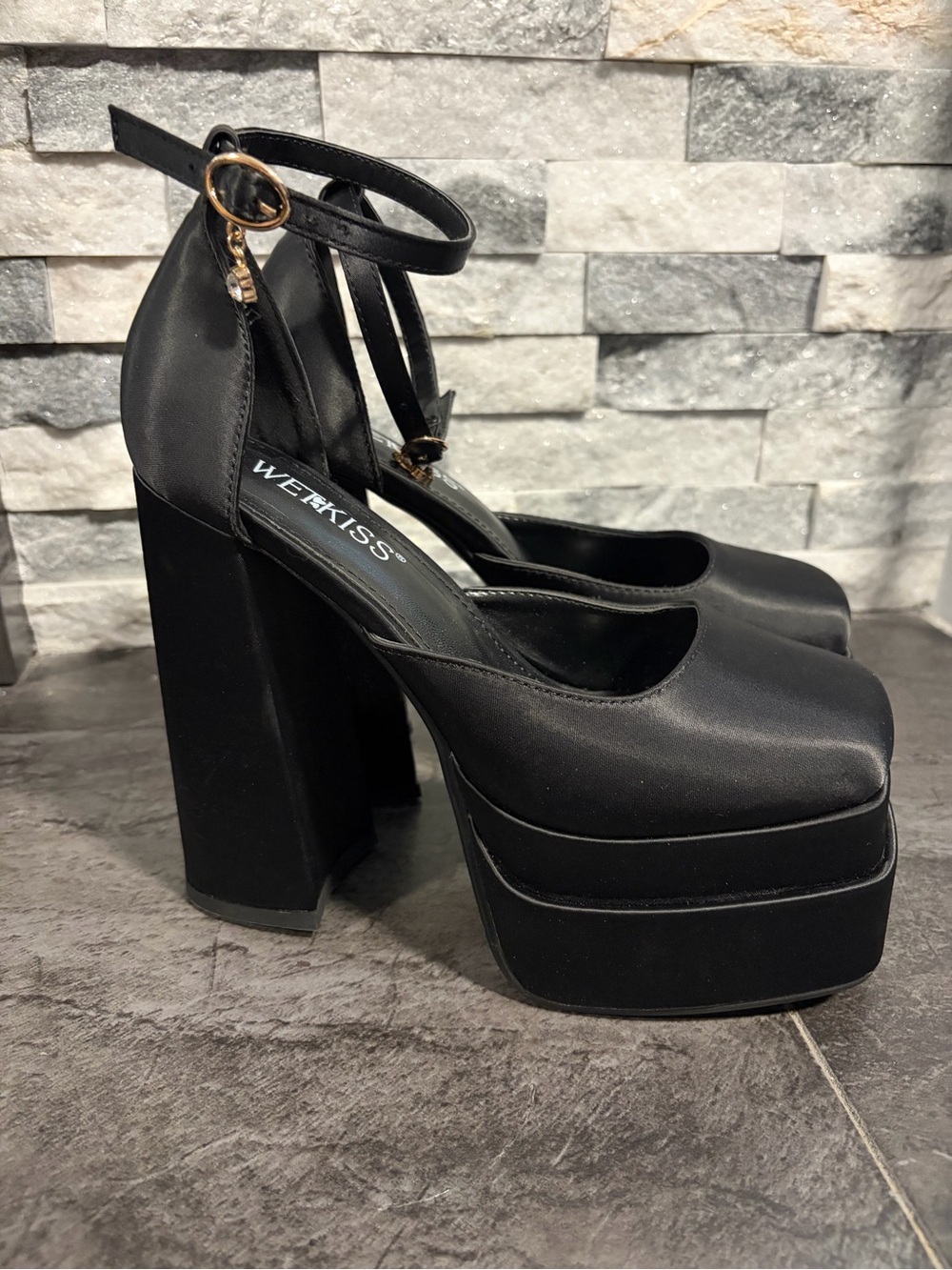 Square Toe Black Platform Ankle-Strap Heels